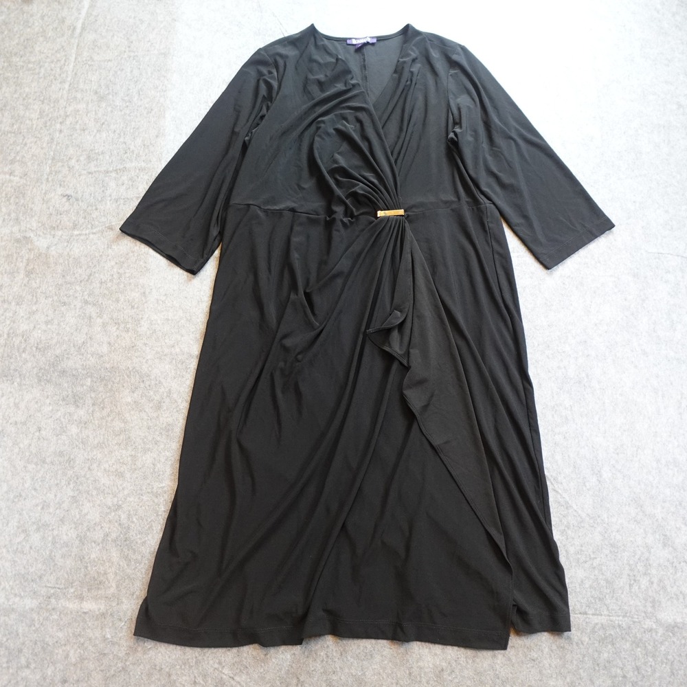 Roamans Dress Women 20W Black Faux Wrap Ruched VNeck Midi 3/4 Sleeve Jersey Knit